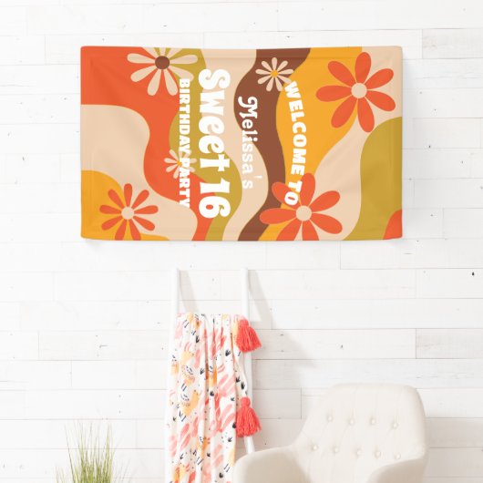 Retro Groovy Hippie Bloem Zoet 16 Verjaardag Spandoek (Insitu)