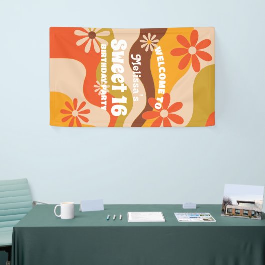 Retro Groovy Hippie Bloem Zoet 16 Verjaardag Spandoek (Beurs)