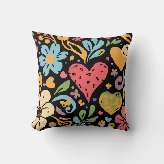 Retro Groovy Hippie Bloemen en Harten Kussen (Voorkant)