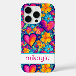 Retro Groovy Hippie Bloemen Harten Persoonlijk iPhone 16 Pro Hoesje