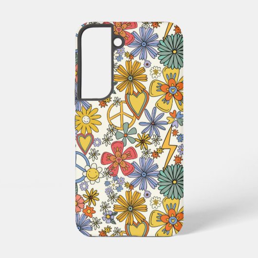 Retro Groovy Hippie Flowers Hearts Samsung Galaxy Hoesje (Achterkant)