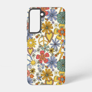 Retro Groovy Hippie Flowers Hearts Samsung Galaxy Hoesje