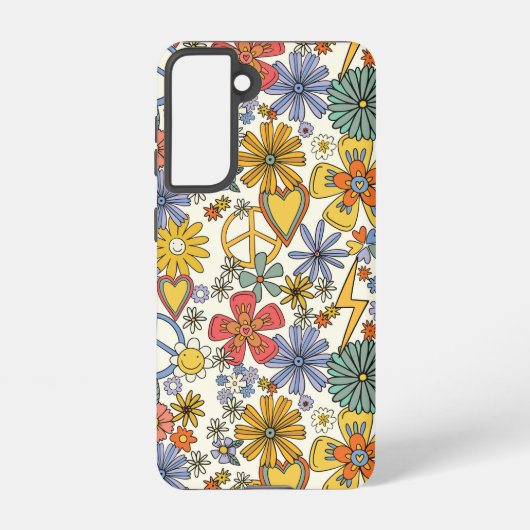 Retro Groovy Hippie Flowers Hearts Samsung Galaxy Hoesje (Achterkant)