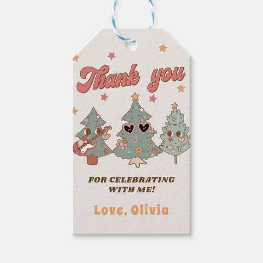 Retro Groovy Hippie Kerstboom Verjaardagsgunst Cadeaulabel