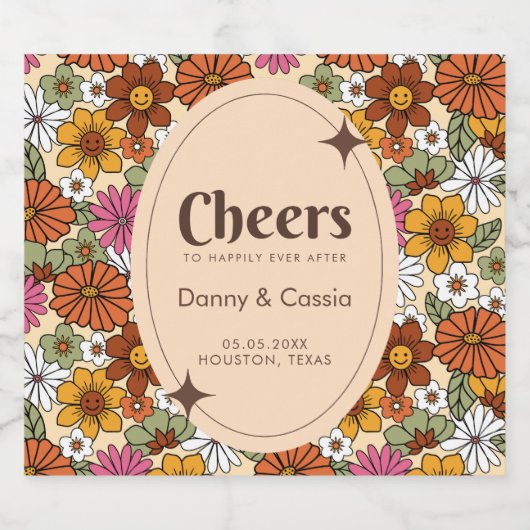 Retro Groovy Hippie Seventies Daisy Floral Sparkle Sparkling Wijnetiket (Enkel label)