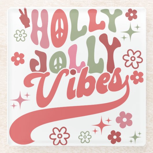 Retro Groovy Holly Jolly Vibes Vakantie Foto Glazen Onderzetter (Voorkant)