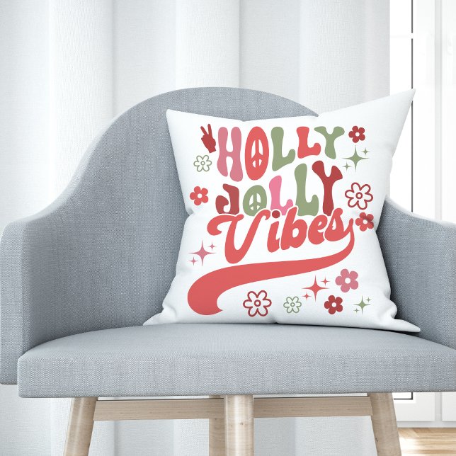 Retro Groovy Holly Jolly Vibes Vakantie Foto Kussen (Retro Groovy Holly Jolly Vibes Holiday Photo Throw Pillow)