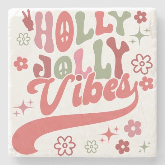Retro Groovy Holly Jolly Vibes Vakantie Foto Stenen Onderzetter (Voorkant)