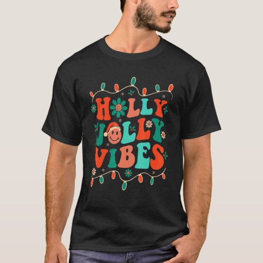 Retro Groovy Holly Xmas Jolly Vibes Kerstmis T-shirt (Voorkant)