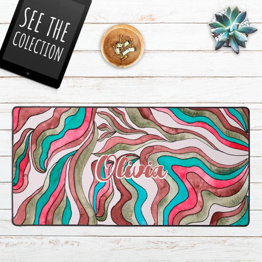 Retro Groovy Hot Roze Bourgondië Wavy Script Naam Bureaumat