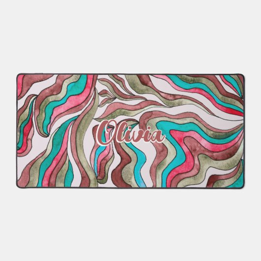 Retro Groovy Hot Roze Bourgondië Wavy Script Naam Bureaumat (Voorkant)