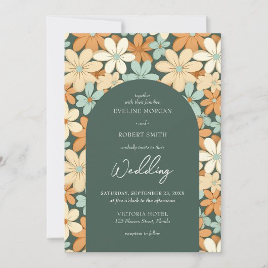 Retro groovy ivoor bord geel crème bloemen boog kaart (Voorkant)