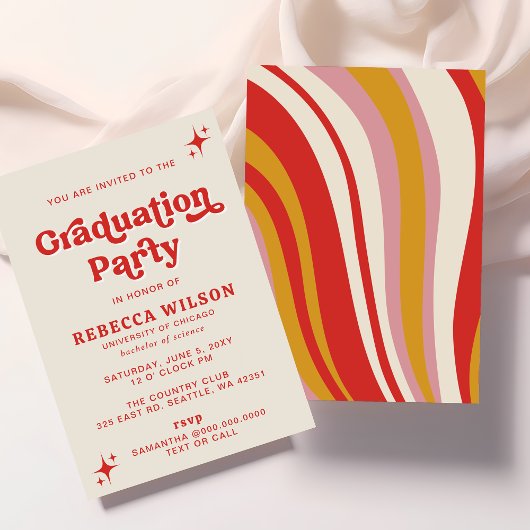 Retro Groovy Ivory Red 70s Graduation Party Kaart