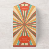 Retro Groovy Jaren 70-thema gedempte kleuren Trouw All In One Uitnodiging (Buitenkant)