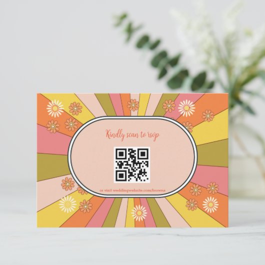 Retro Groovy jaren 70 thema gedempte kleuren trouw RSVP Kaartje (Staand voorkant)