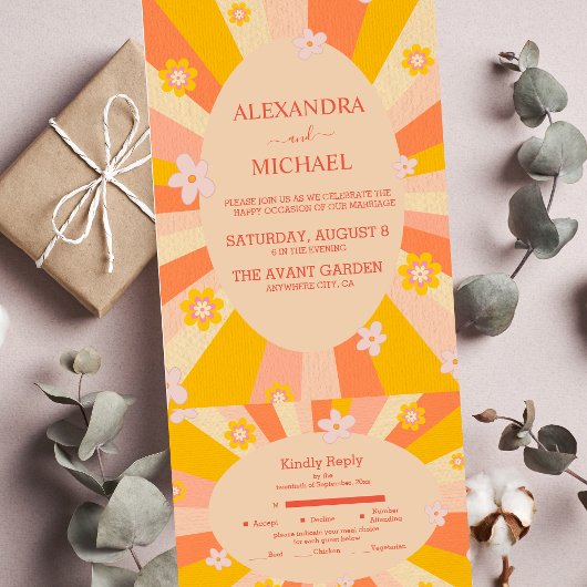 Retro Groovy jaren 70 thema oranje geel Huwelijk All In One Uitnodiging