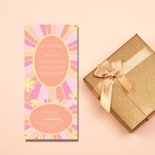 Retro Groovy Jaren 70 Thema Stille Tinten Trouwen All In One Uitnodiging