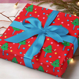 Retro Groovy Kerstbomen Rood Groen Patroon Cadeaupapier