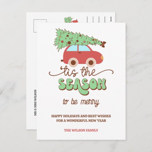 Retro Groovy Kerstboom Auto Dit Het Seizoen Feestdagenkaart (Voorkant / Achterkant)