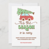 Retro Groovy Kerstboom Auto Dit Het Seizoen Feestdagenkaart (Voorkant)