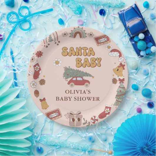 Retro Groovy Kerstboom Santa Baby shower Papieren Bordje (Feest)