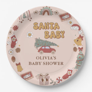 Retro Groovy Kerstboom Santa Baby shower Papieren Bordje