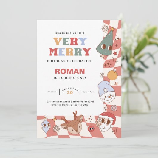 Retro Groovy Kerstmis Verjaardag Kaart (Staand voorkant)