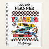 Retro groovy kleurpotloden bloemen dambord leraar planner (Voorkant)