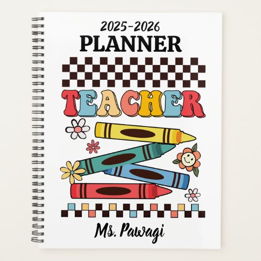 Retro groovy kleurpotloden bloemen dambord leraar planner (Voorkant)