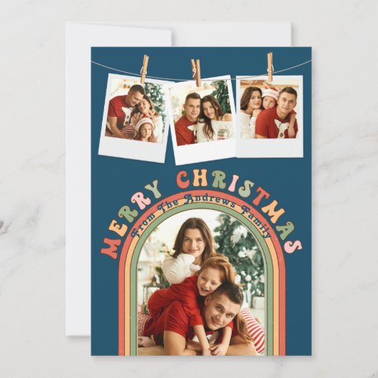 Retro Groovy Kleurrijk 4 Foto Blauw Kerstmis Feestdagenkaart (Voorkant)