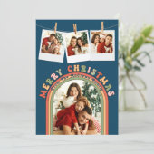 Retro Groovy Kleurrijk 4 Foto Blauw Kerstmis Feestdagenkaart (Staand voorkant)