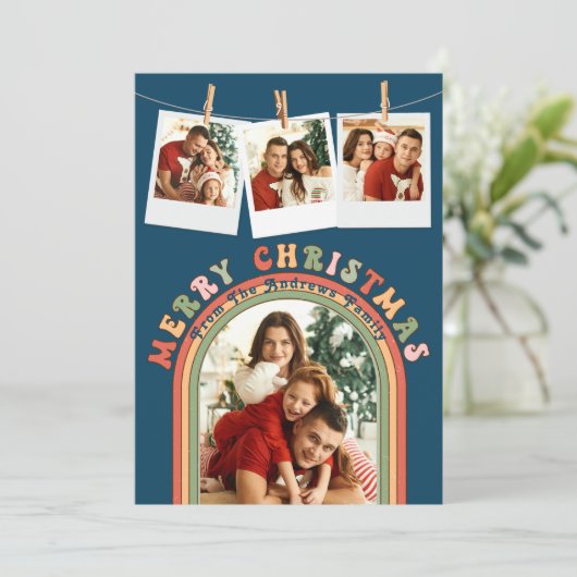 Retro Groovy Kleurrijk 4 Foto Blauw Kerstmis Feestdagenkaart (Staand voorkant)