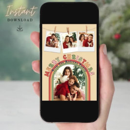 Retro Groovy Kleurrijke 4 Foto Beige Kerstmis Feestdagenkaart