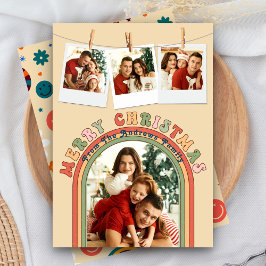 Retro Groovy Kleurrijke 4 Foto Beige Kerstmis Feestdagenkaart