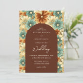 Retro groovy kleurrijke bloemen boog bruiloft kaart (Staand voorkant)