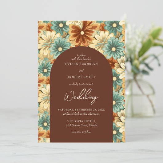 Retro groovy kleurrijke bloemen boog bruiloft kaart (Staand voorkant)