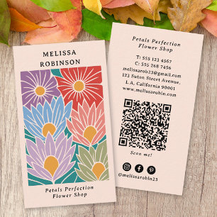 Retro Groovy Kleurrijke Bloemen QR Code Bloemist Visitekaartje