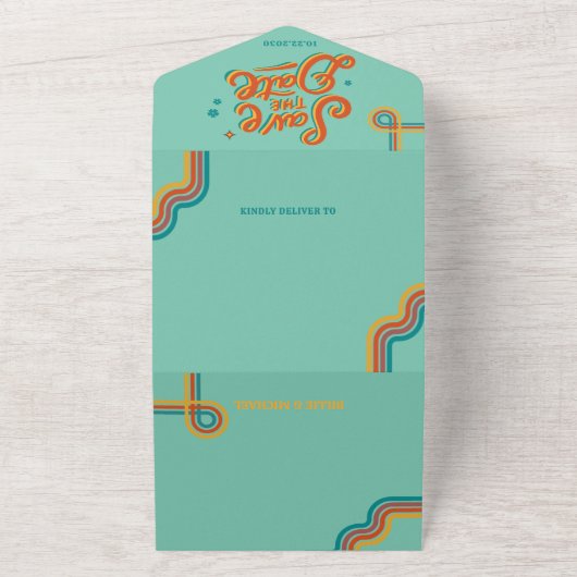 Retro Groovy kleurrijke bruiloft All In One Uitnodiging (Buitenkant)