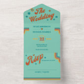 Retro Groovy kleurrijke bruiloft All In One Uitnodiging (Binnen)