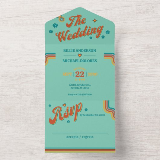 Retro Groovy kleurrijke bruiloft All In One Uitnodiging (Binnen)