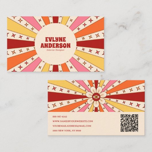 Retro Groovy Kleurrijke QR Code 70s 60s Boho Trend Visitekaartje (Voorkant / Achterkant)