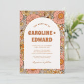 Retro Groovy Kleurrijke Wavy Boho Bruiloft QR Code Kaart (Staand voorkant)