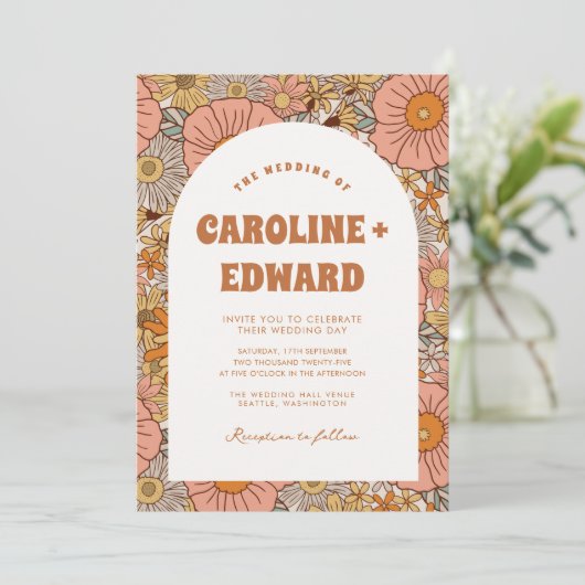 Retro Groovy Kleurrijke Wavy Boho Bruiloft QR Code Kaart (Staand voorkant)