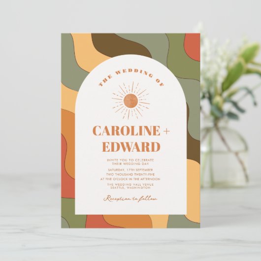 Retro Groovy Kleurrijke Wavy Boho Bruiloft QR Code Kaart (Staand voorkant)