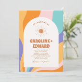 Retro Groovy Kleurrijke Wavy Boho Bruiloft QR Code Kaart (Staand voorkant)