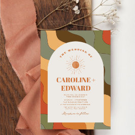 Retro Groovy Kleurrijke Wavy Boho Bruiloft QR Code Kaart