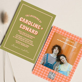 Retro Groovy Kleurrijke Wavy Boho Bruiloft QR Code Kaart