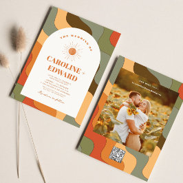 Retro Groovy Kleurrijke Wavy Boho Bruiloft QR Code Kaart