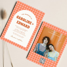 Retro Groovy Kleurrijke Wavy Boho Bruiloft QR Code Kaart