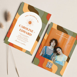 Retro Groovy Kleurrijke Wavy Boho Bruiloft QR Code Kaart